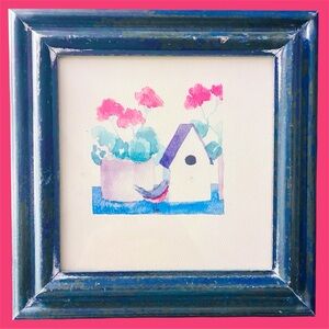 Original Mini Watercolor Painting - Melissa Babcock Saylor Robin & Geraniums